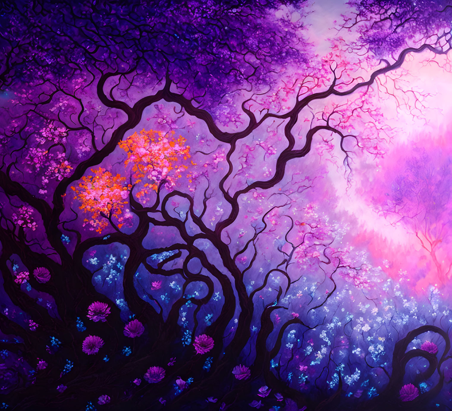 Enchanted forest with purple trees and orange flowers