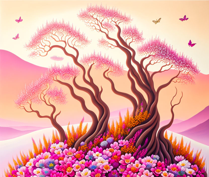 Interwoven trees with pink foliage above vibrant field of flowers