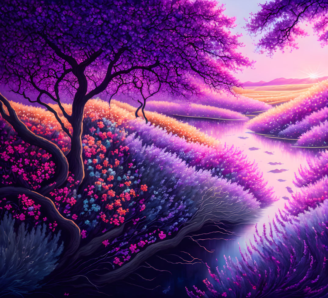 Colorful landscape with purple tree, flower fields, and river under sunset sky