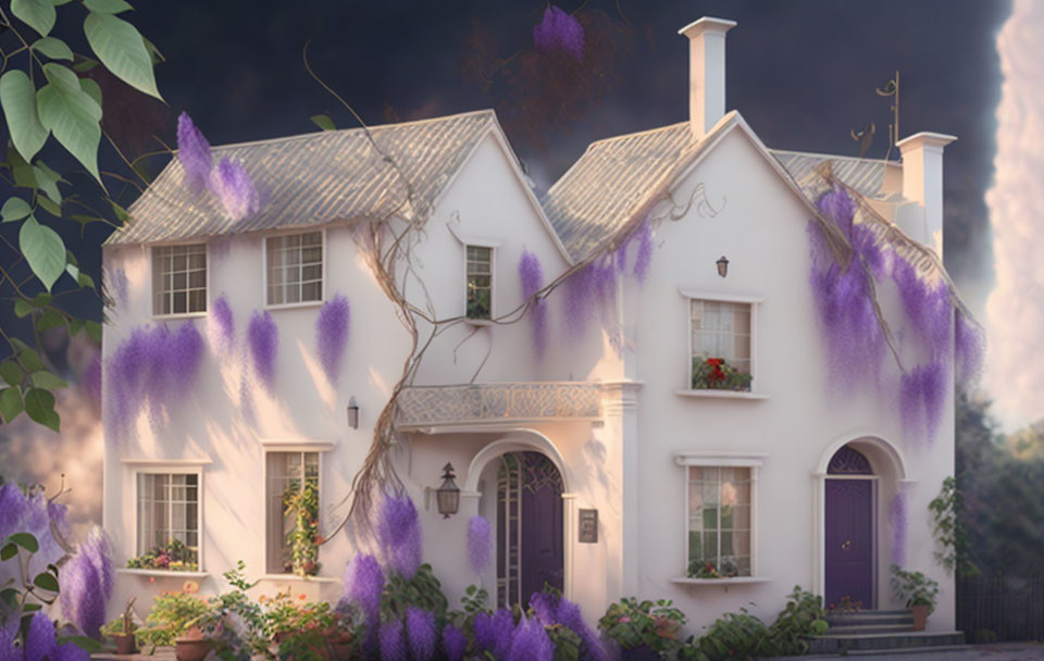 White House with Purple Wisteria in Dusky Sky