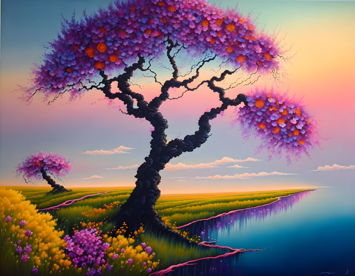 Colorful painting of twisted tree with purple blossoms in vibrant landscape