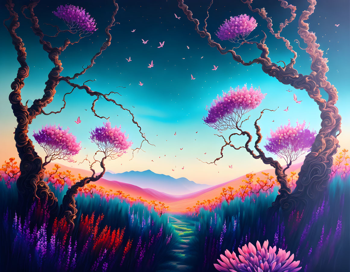 Colorful digital artwork: whimsical landscape with flowers, trees, and birds