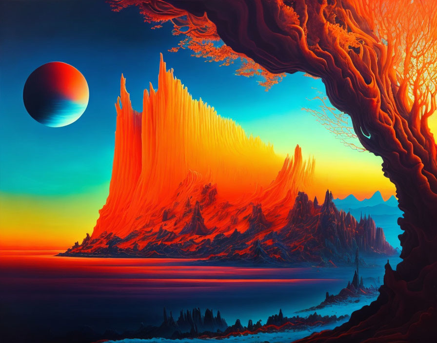 Colorful alien landscape with fiery mountains, twisted tree, and large planet