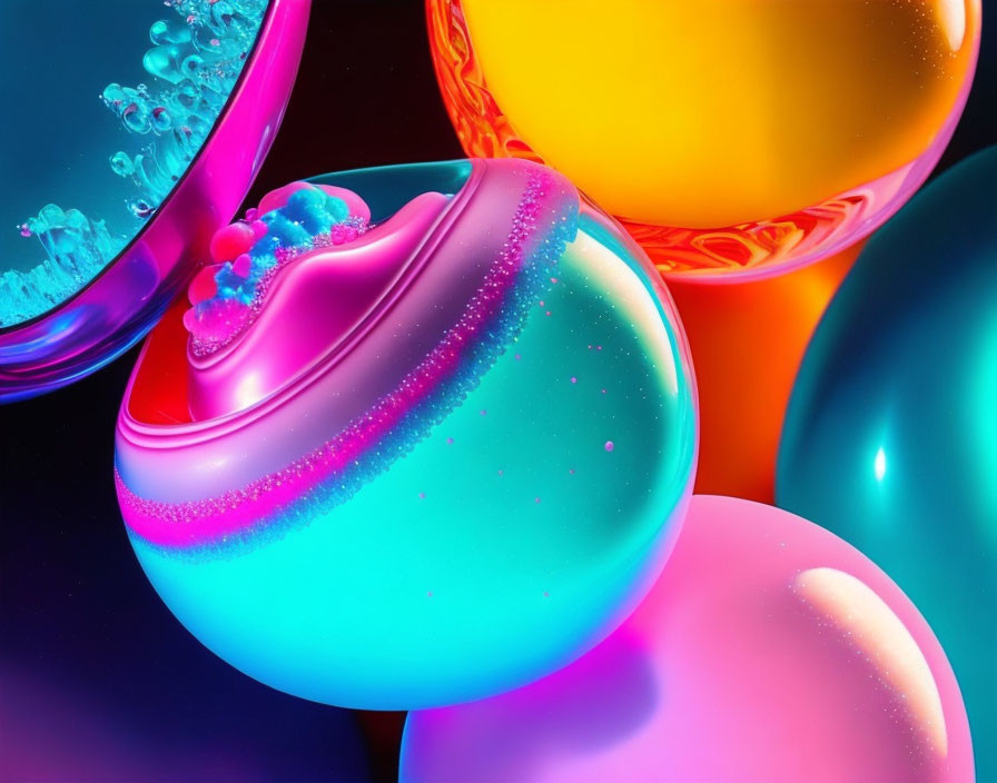 Colorful glossy spheres with liquid-like textures and bubbles in turquoise, pink, orange, and blue hues