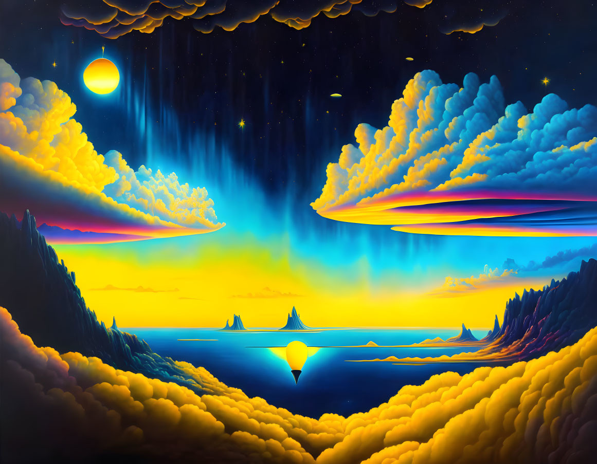 Surreal landscape with glowing horizon and celestial elements