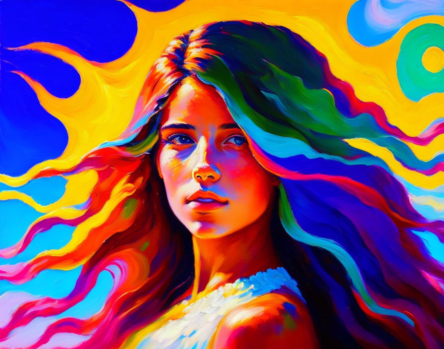 Colorful portrait of a woman with multicolored hair on swirling background