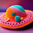 Colorful Crocheted Hat with Pom-Poms on Gradient Background