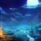 Fantasy landscape with glowing orb and towering spires