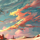 Colorful Tree Painting Against Pastel Sky with Clouds