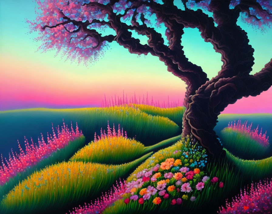 Colorful landscape with twisted tree, cherry blossoms, rolling hills, and flowers at dawn or dusk