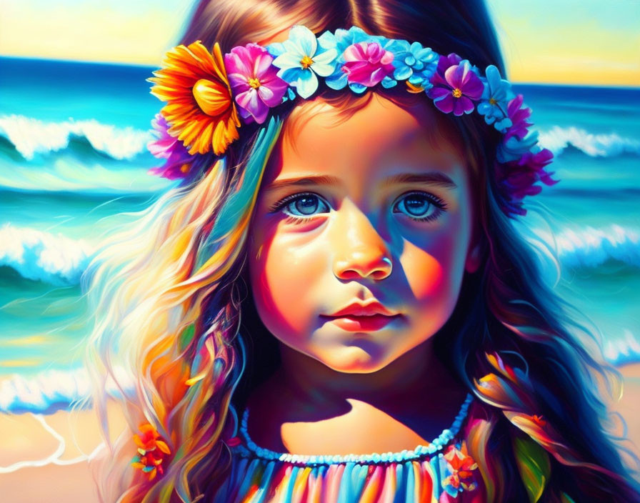 Illustration of young girl with blue eyes in front of beach scene