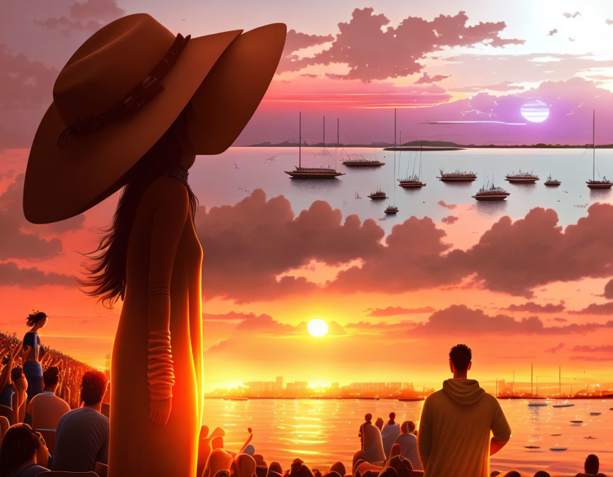 Person in wide-brimmed hat overlooking crowded harbor at sunset