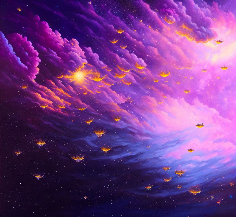 Surreal cosmic digital artwork with purple and blue clouds