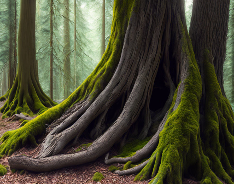 Moss-covered roots of ancient tree in foggy forest