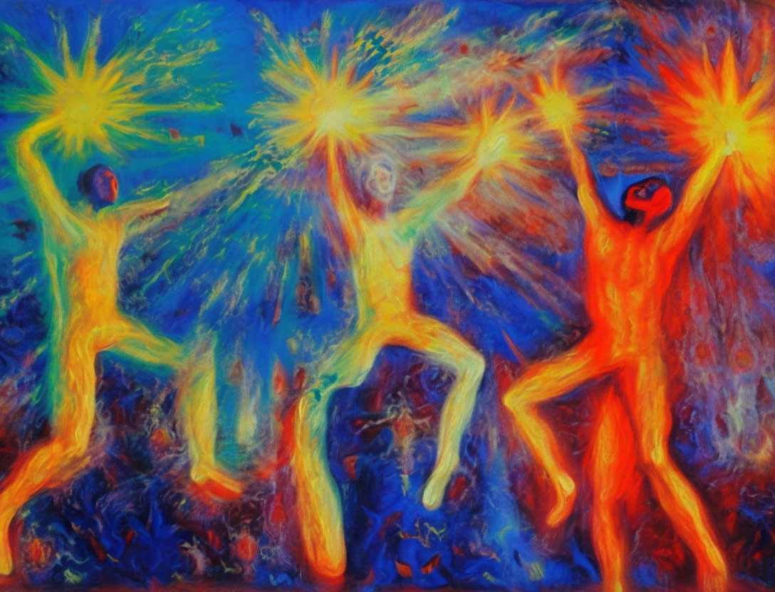 Abstract painting: Three figures with raised arms on blue background.