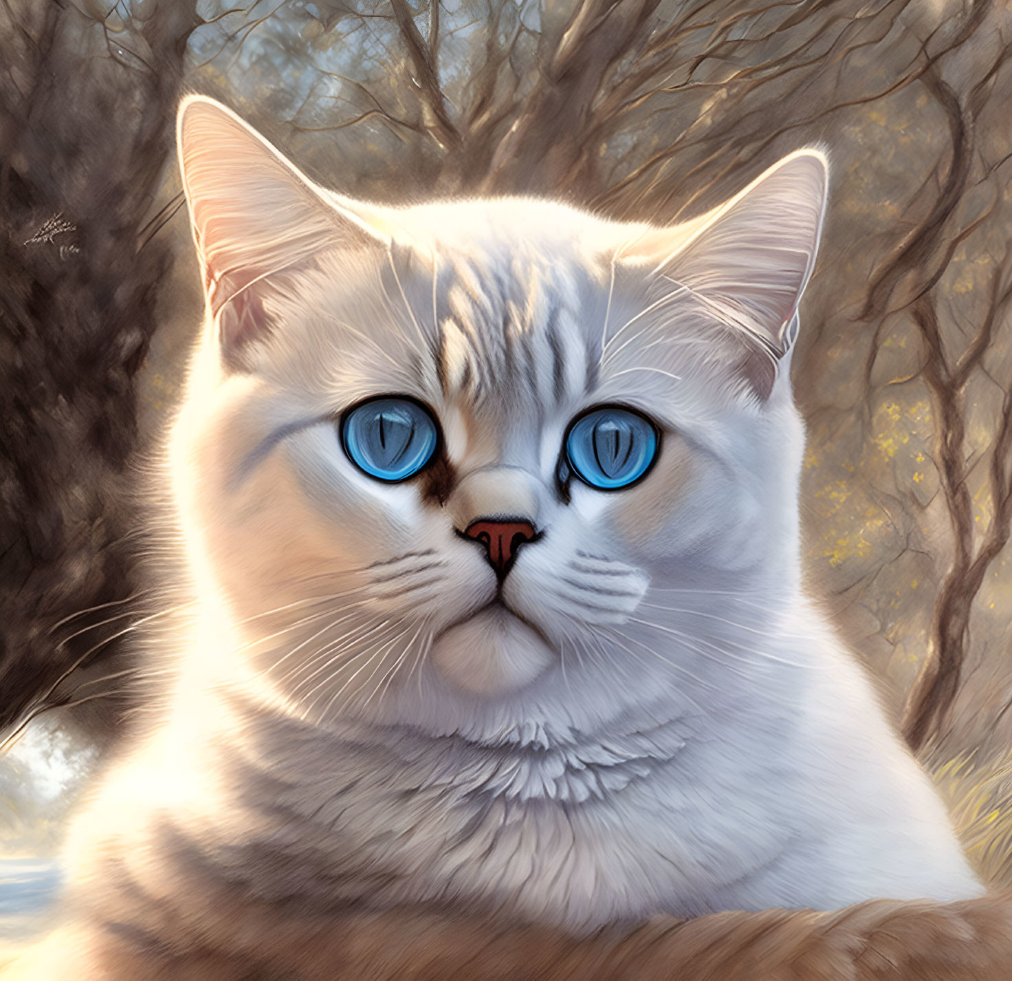 White Cat with Blue Eyes in Autumn Setting