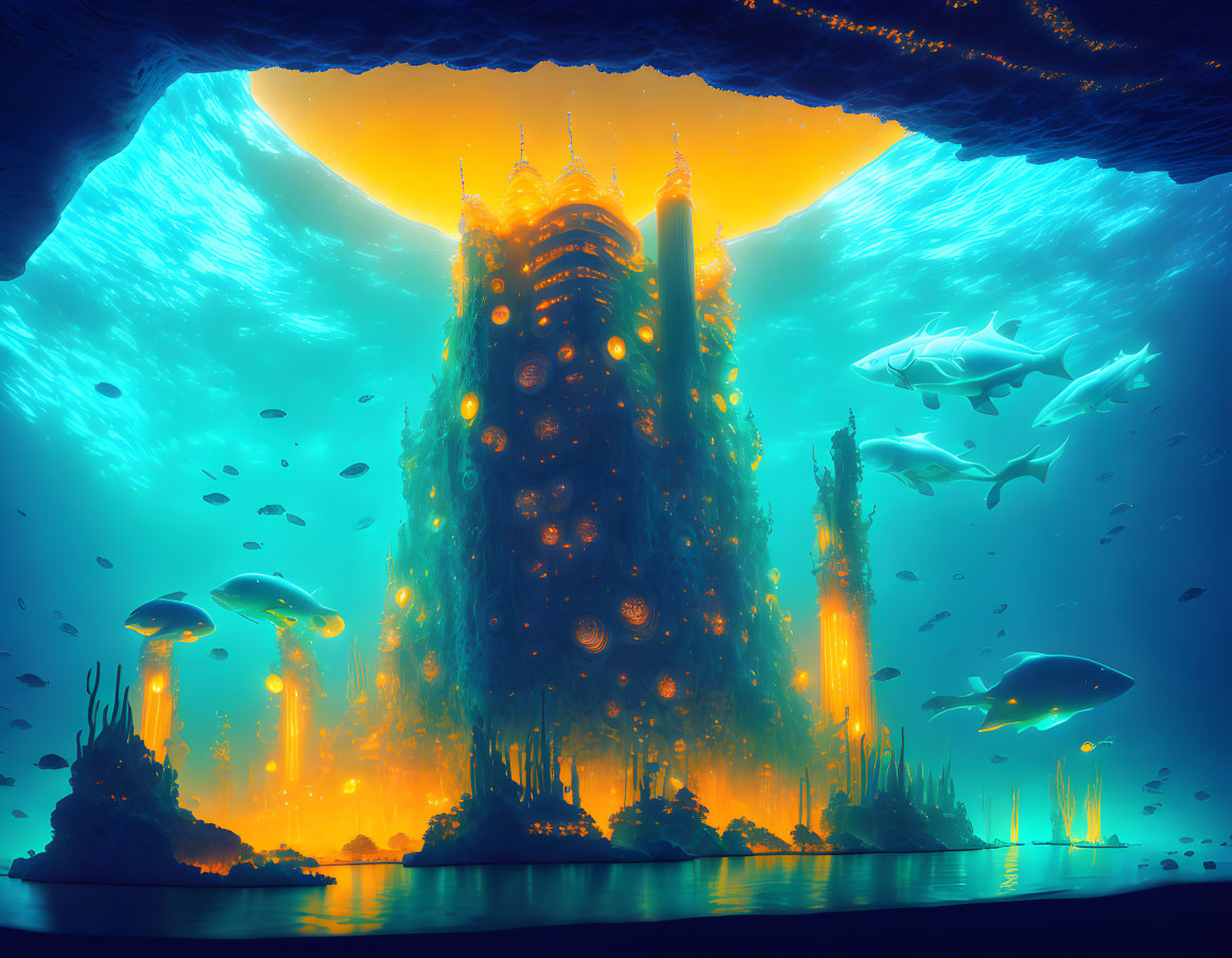 Submerged cityscape with golden-lit towers in an underwater cave.