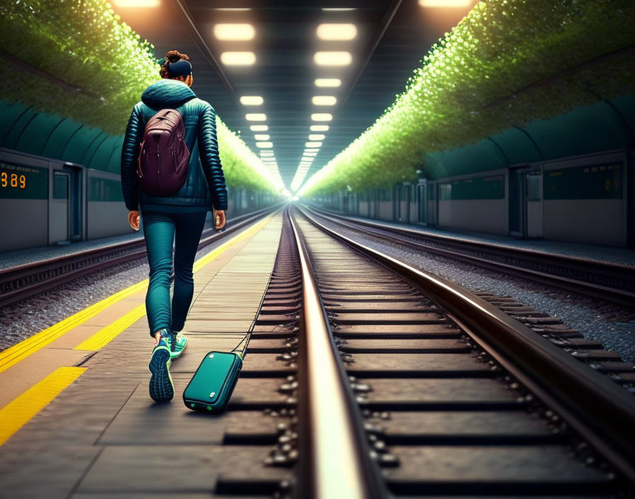 Person walking on train tracks in empty station with suitcase and distant light