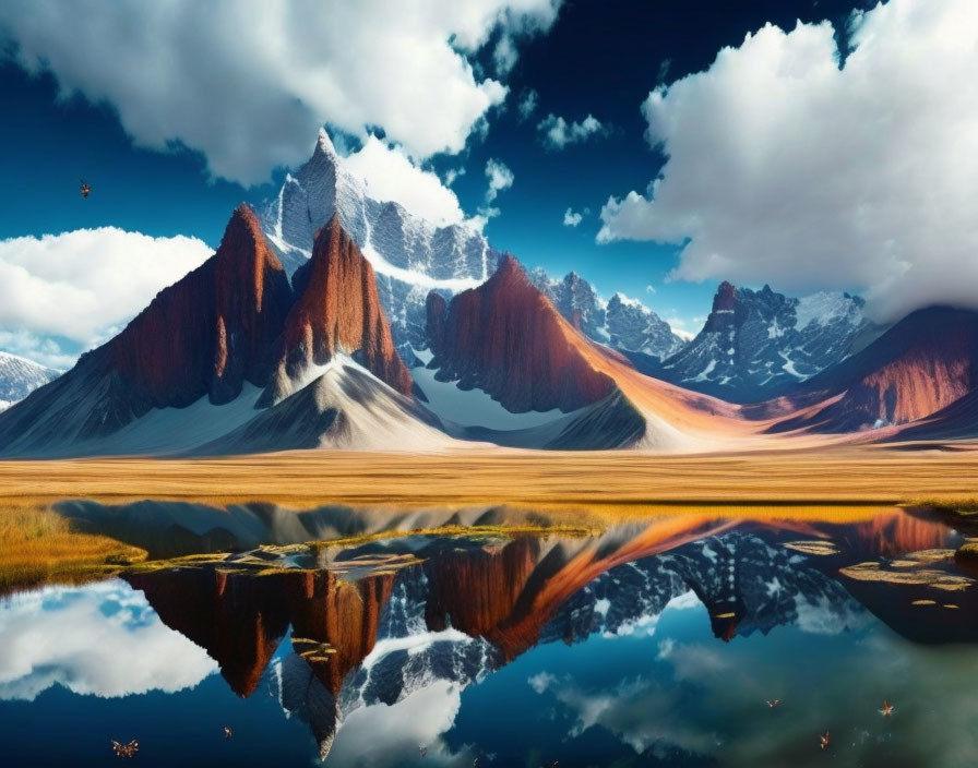 Snow-capped mountains reflected in tranquil lake under blue sky