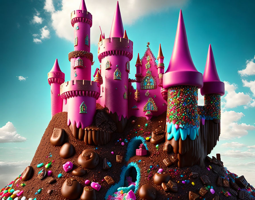 Colorful Fantasy Candy Castle with Pink Turrets and Chocolate Details