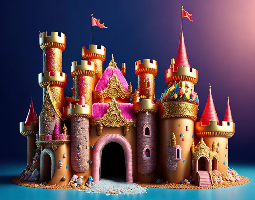 Vibrant fantasy castle with candy-like textures on blue backdrop