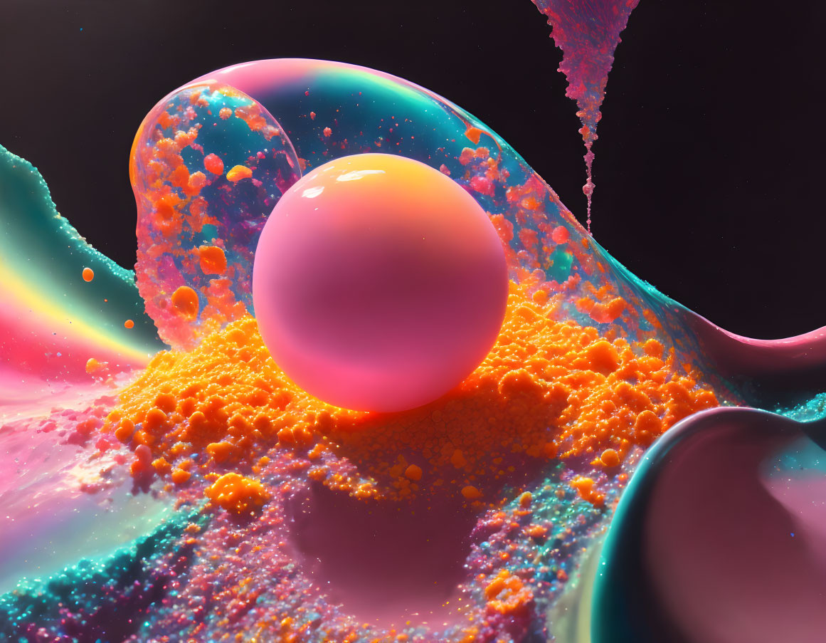 Colorful 3D rendering of glossy sphere on liquid surface