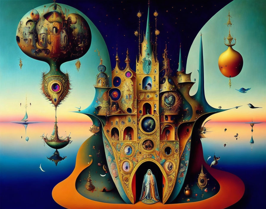 Surreal Artwork: Floating castle, eye motifs, flying creatures, robed figure in fantast