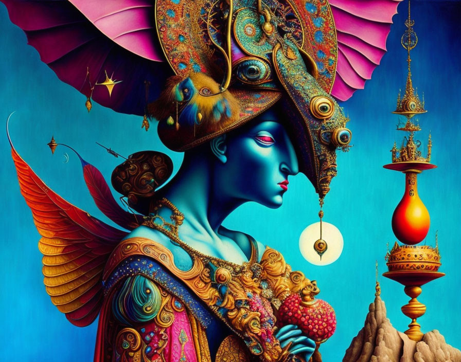 Surreal artwork of blue-skinned figure in golden attire on whimsical blue background