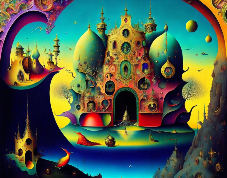 Colorful surreal painting of whimsical onion-domed structures in dreamlike landscape