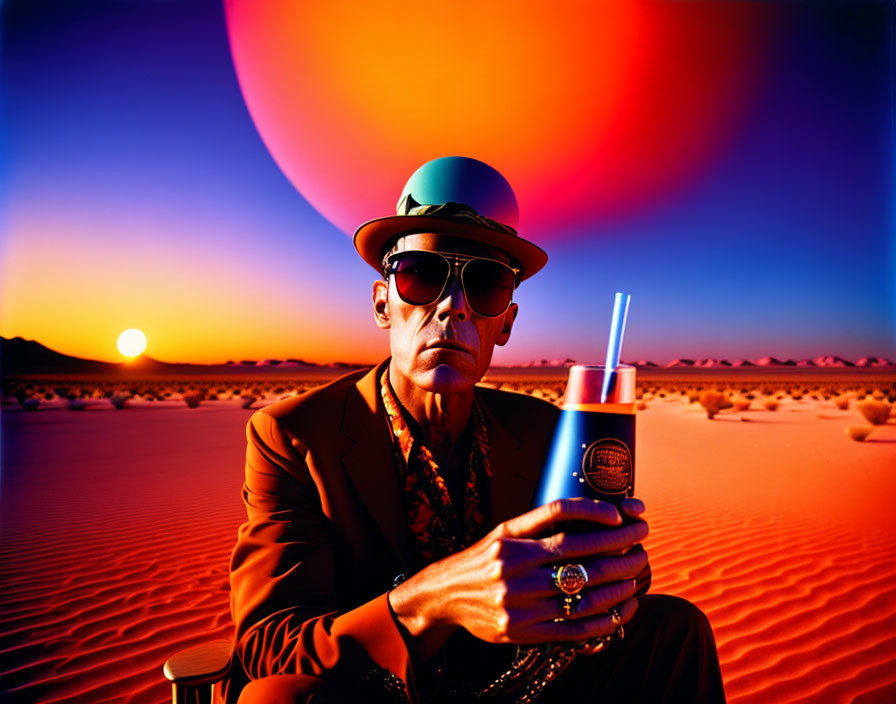 Man in sunglasses and suit with drink in surreal desert landscape