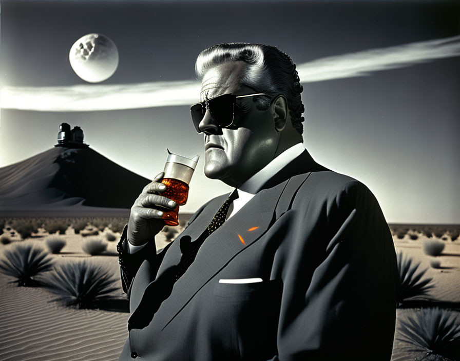 Suave man in suit and sunglasses holding drink in desert scene