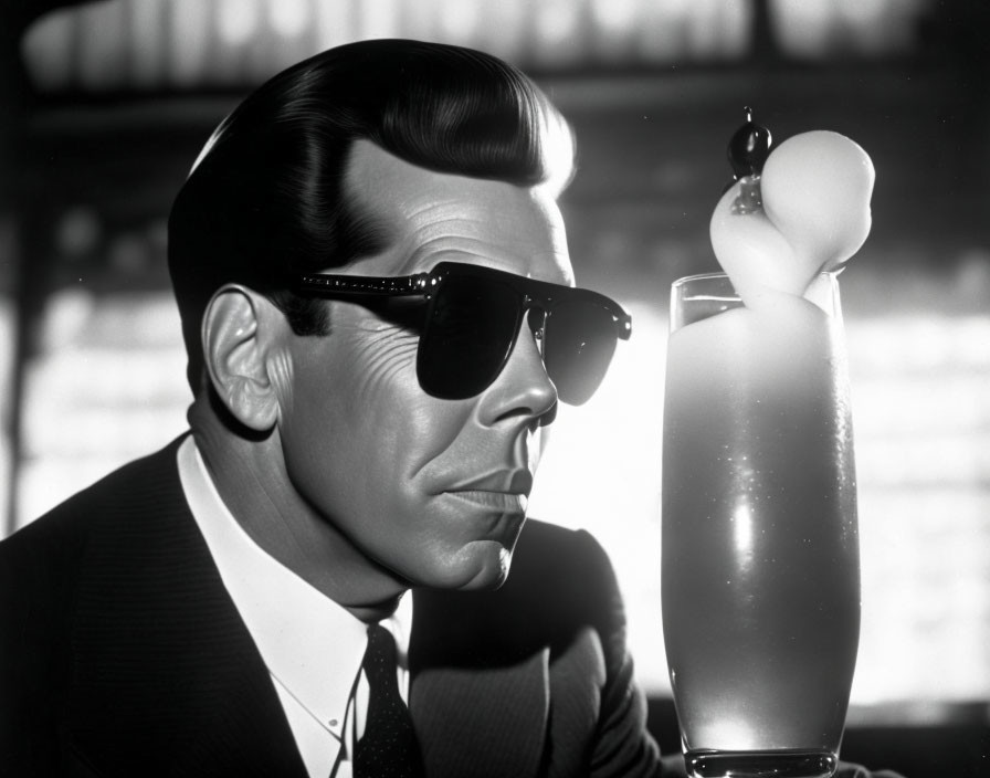 Monochrome artwork of man with sunglasses sipping cocktail