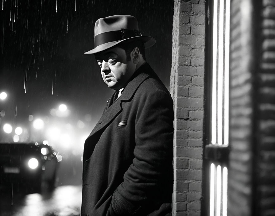 Man in fedora and overcoat standing in rain at night by lit building