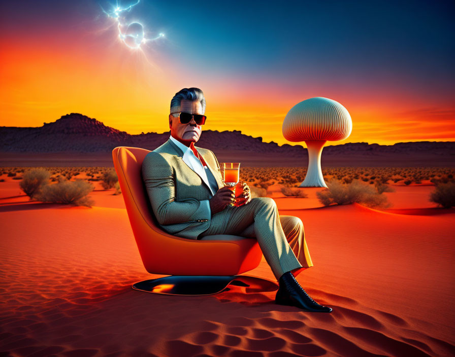 Stylish man with glass in desert chair, surreal mushroom cloud and plasma sky