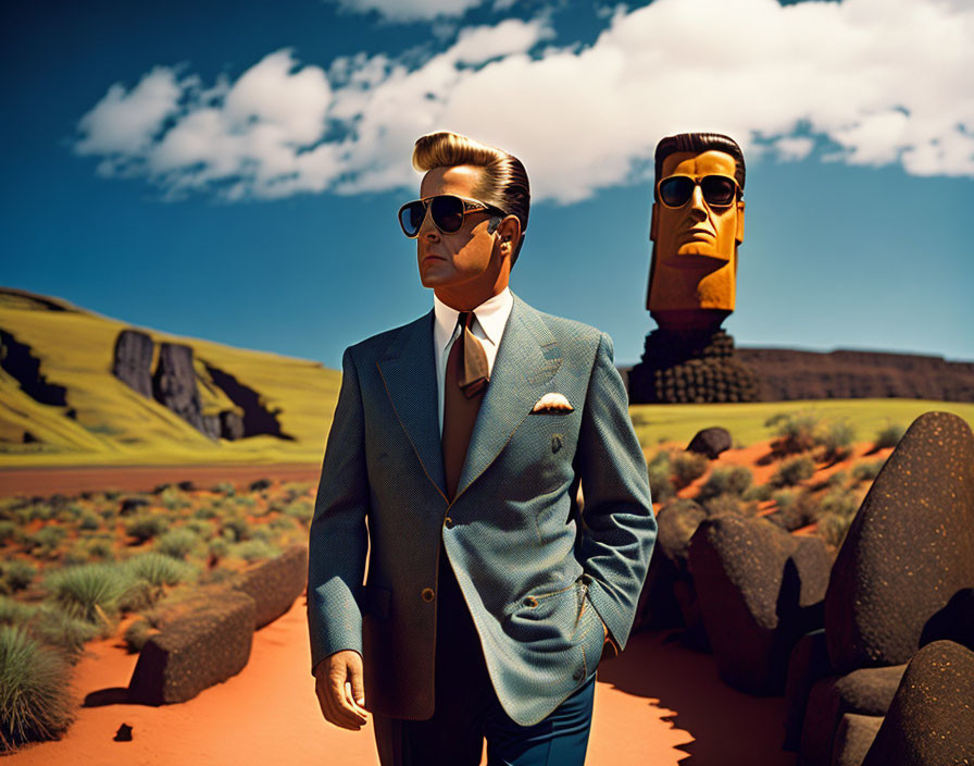 Man in Blue Suit and Sunglasses with Giant Head Bust in Desert