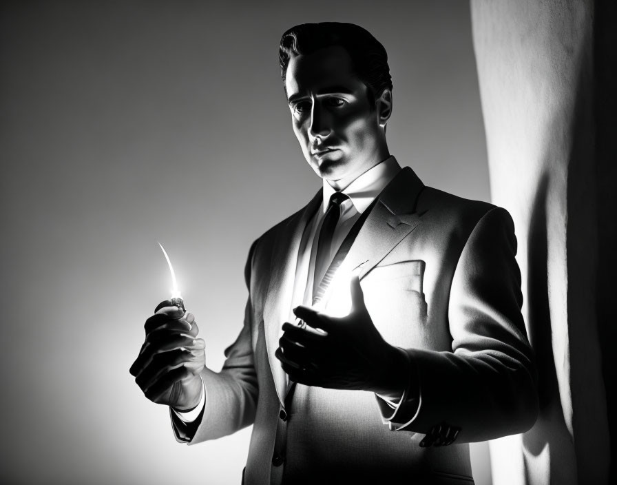 Monochrome image of man in suit lighting match with dramatic shadows