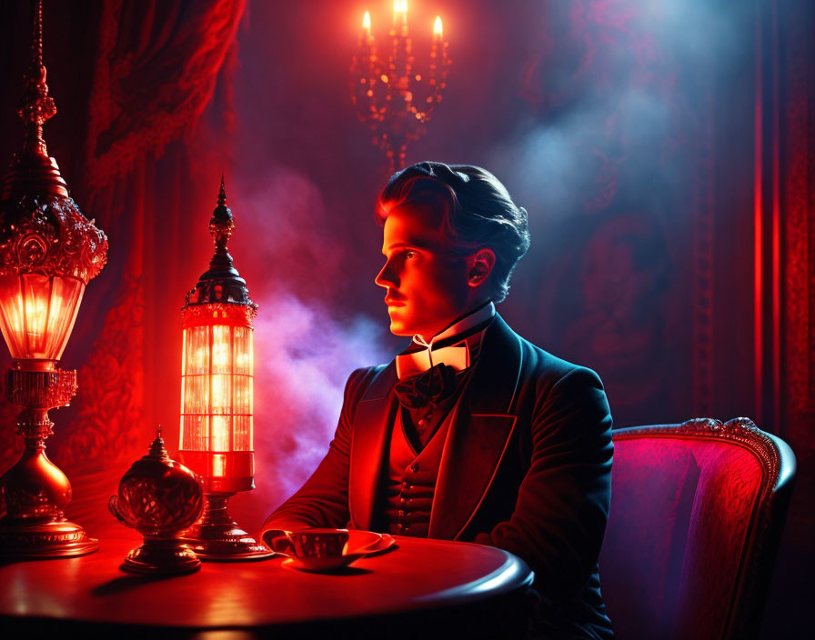 Young man in formal suit at table with cup in luxurious, moody interior