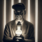 Vintage Man Portrait with Glowing Lightbulb and Light Streaks