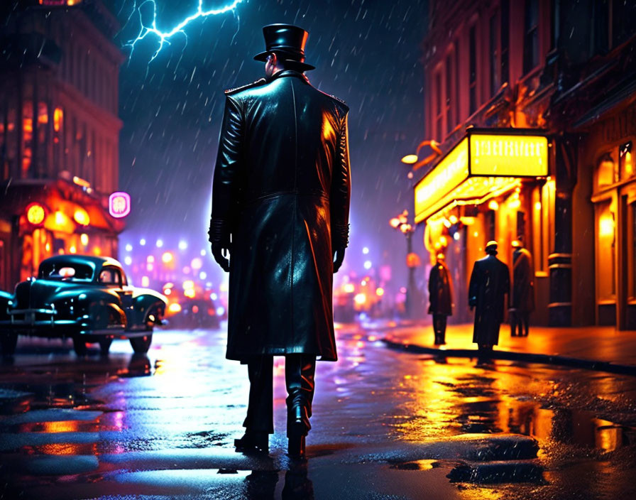 Man in trench coat on rain-soaked street with vintage cars and neon lights at night.