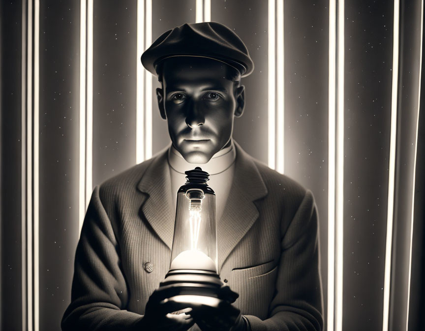 Vintage Man Portrait with Glowing Lightbulb and Light Streaks