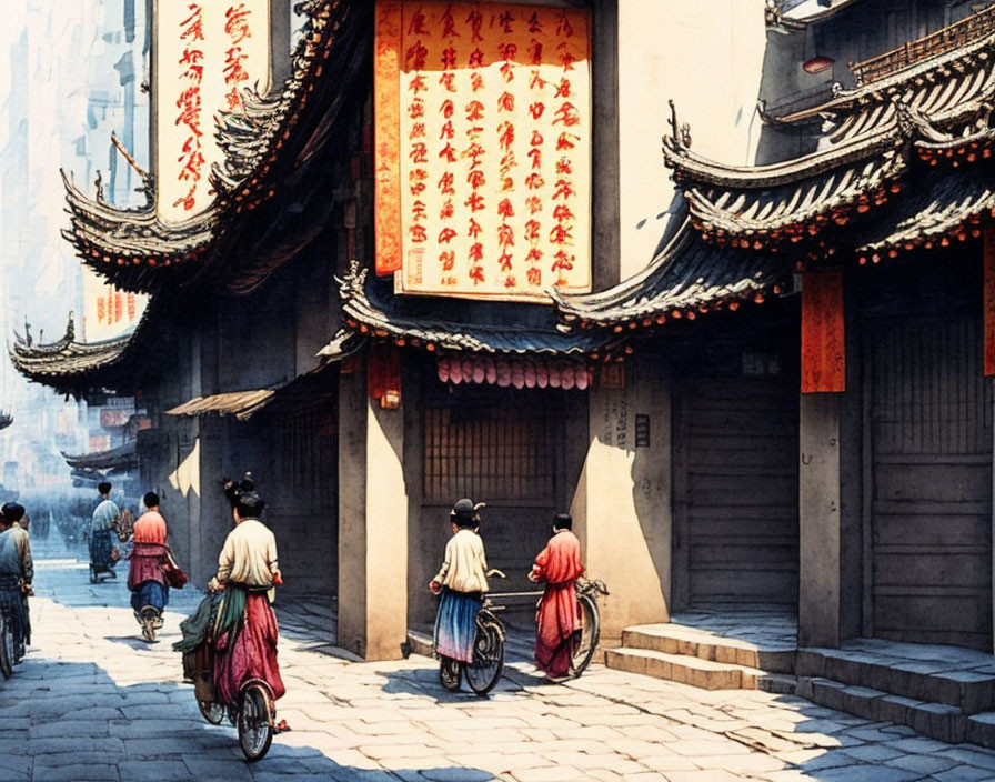 Asian Street Scene Illustration with Bicycles & Traditional Buildings