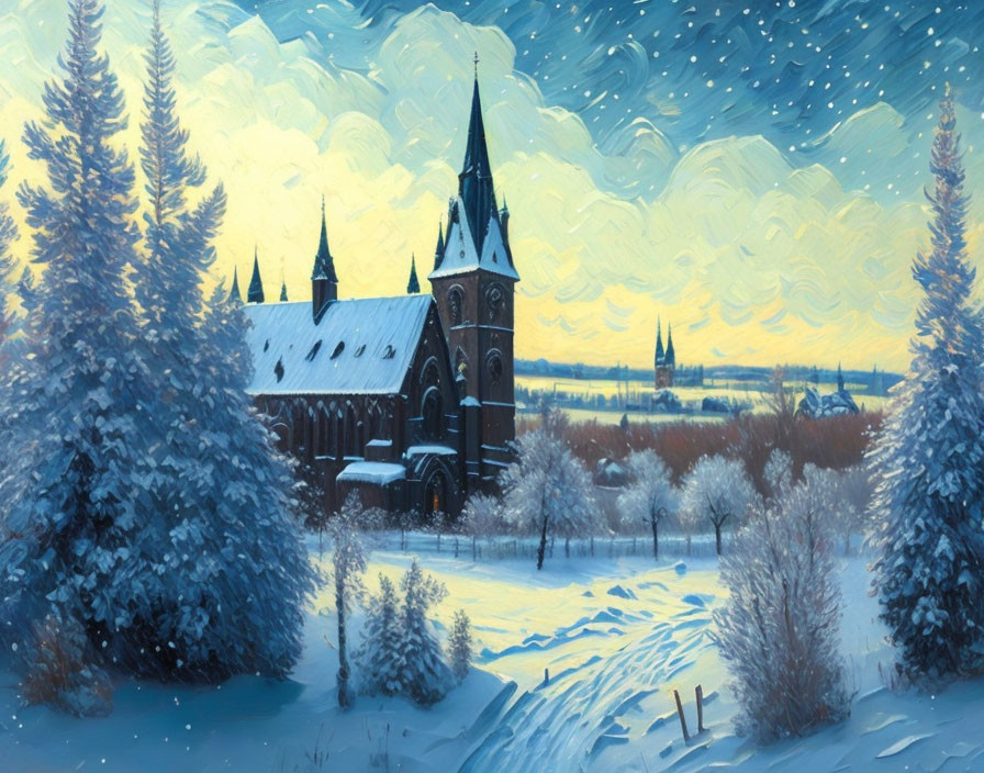 Snow-covered winter landscape with Gothic church and pine trees