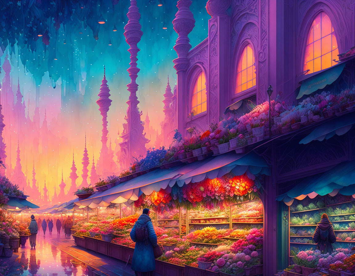 Busy market scene at dusk with colorful flowers, purple-pink sky, and ornate buildings