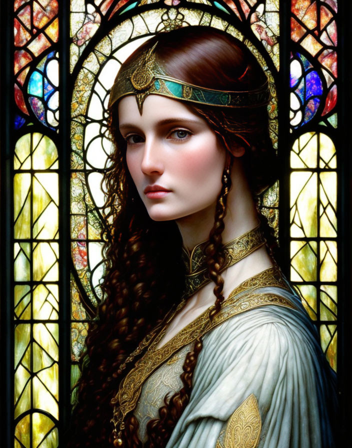 Medieval woman portrait with long wavy hair and diadem against stained glass background