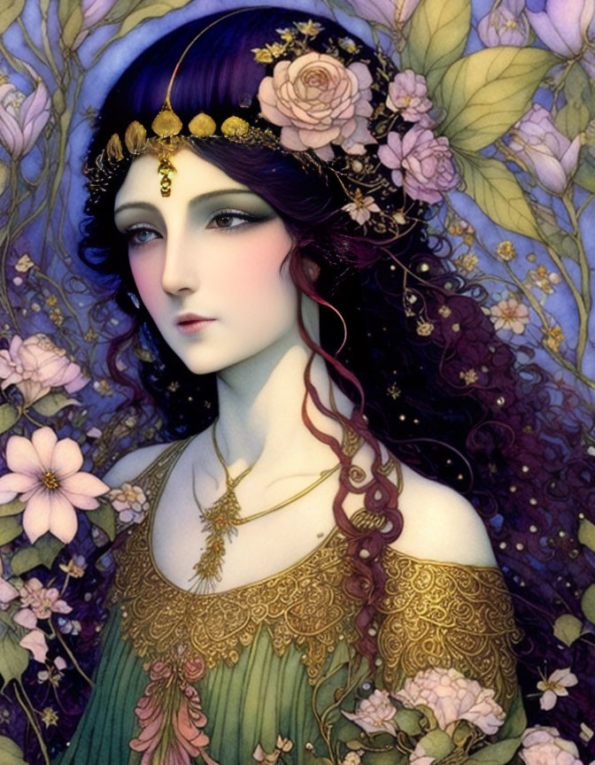 Purple-haired woman with golden floral circlet in front of yellow flowers