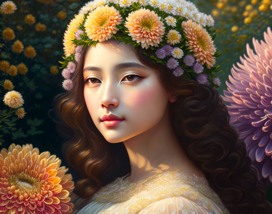 Detailed portrait of woman with floral crown and serene expression surrounded by flowers