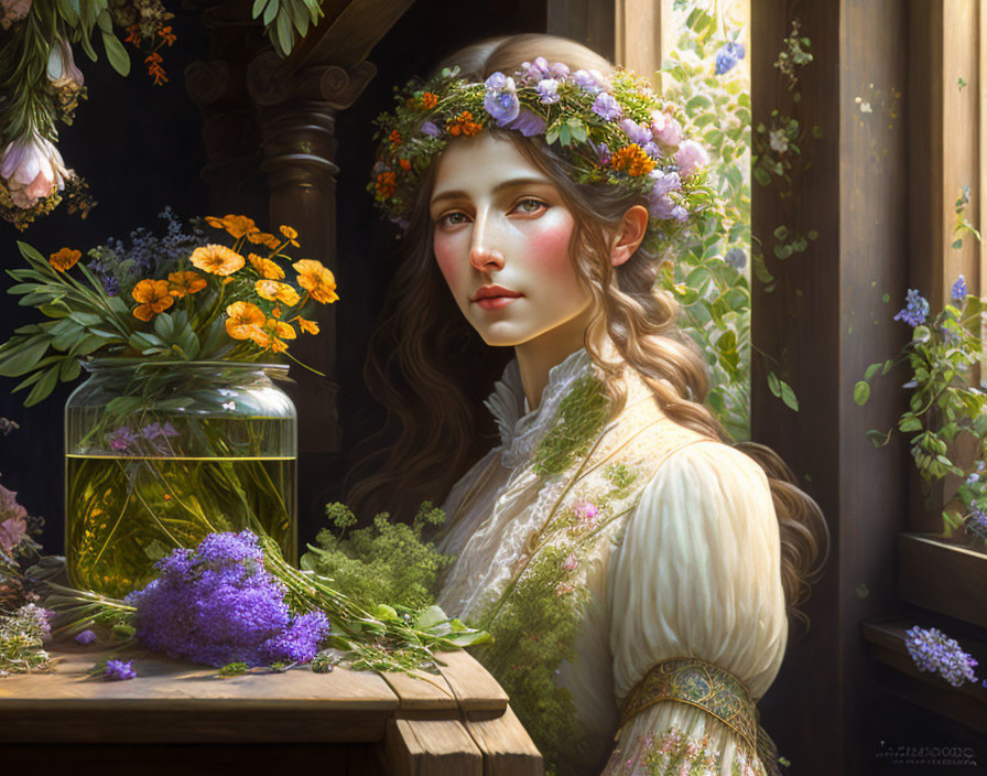 Woman with floral crown surrounded by vibrant flowers and herbs in serene setting