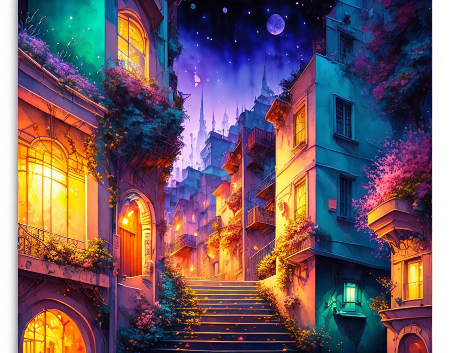 Vibrant urban night scene with glowing windows and starlit skies