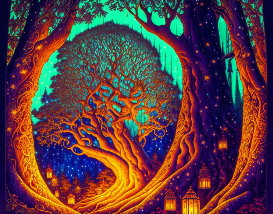 Colorful Artwork: Enchanted Tree with Glowing Lanterns in Starry Night Scene