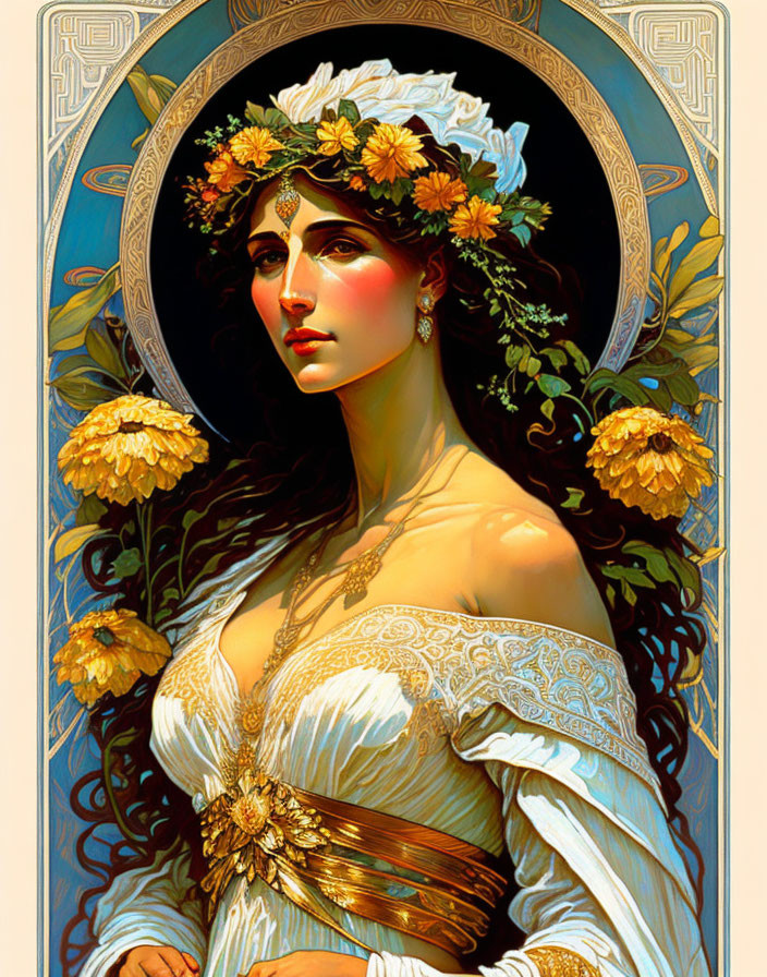 Art Nouveau Woman Illustration with Floral Wreath & Ornate Background